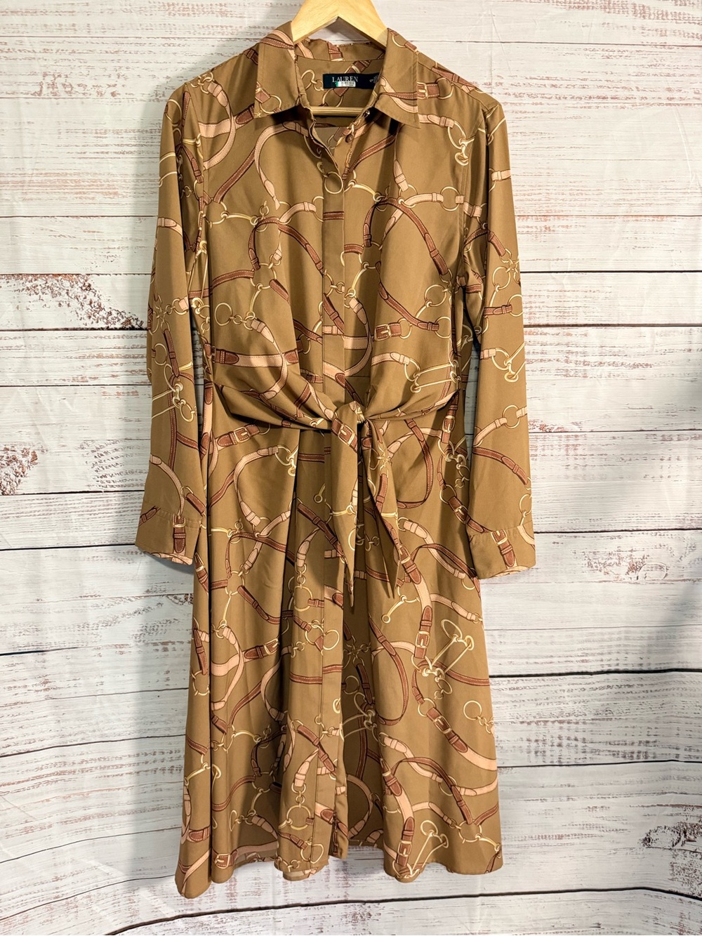 Lauren Ralph Lauren Tan Equestrian Print Long-Sleeve Shirt Dress Classic